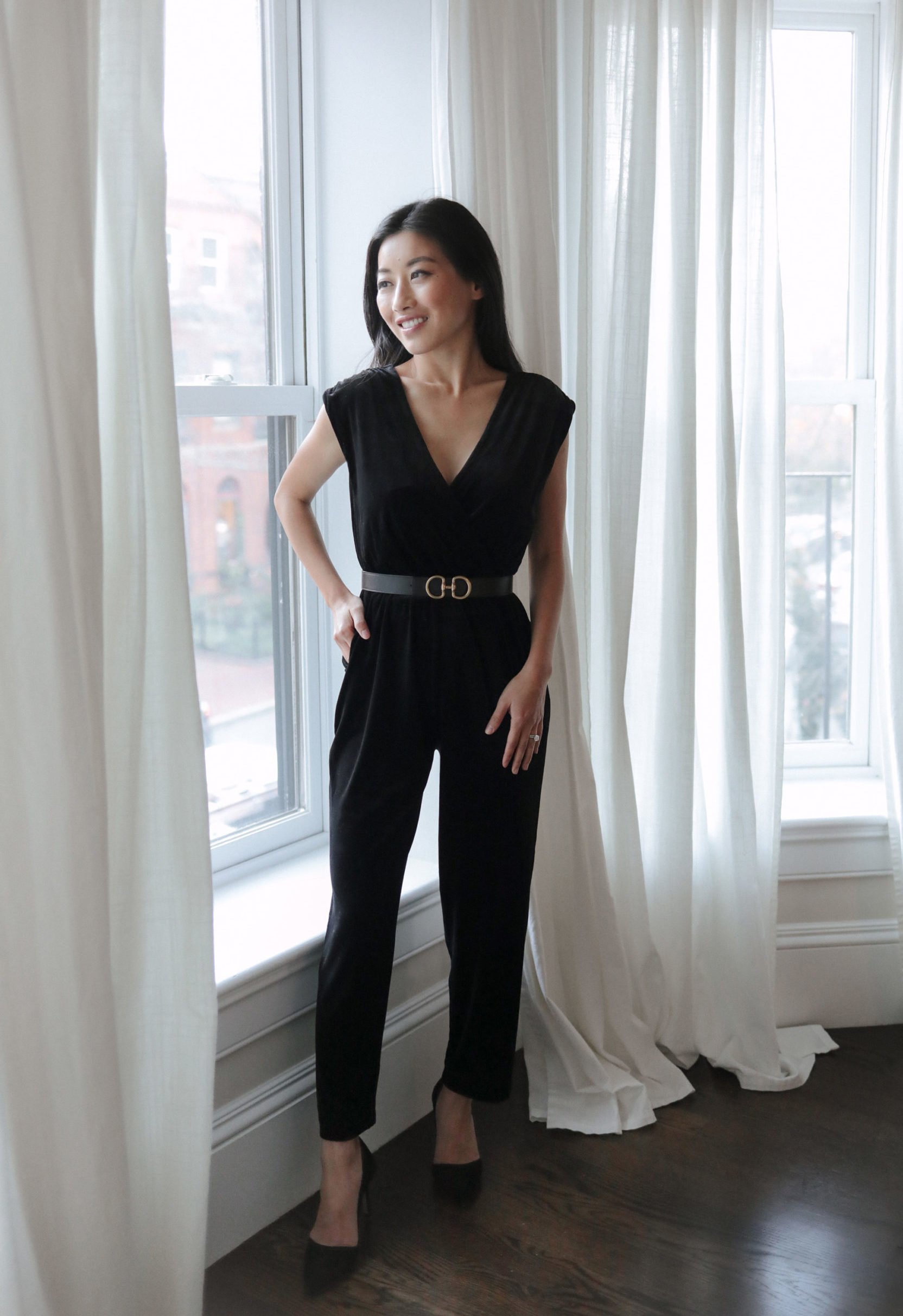 petite black jumpsuit holiday party outfit