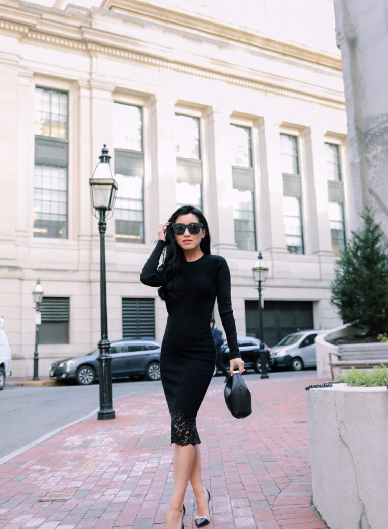 black sweater skirt lace petite outfit