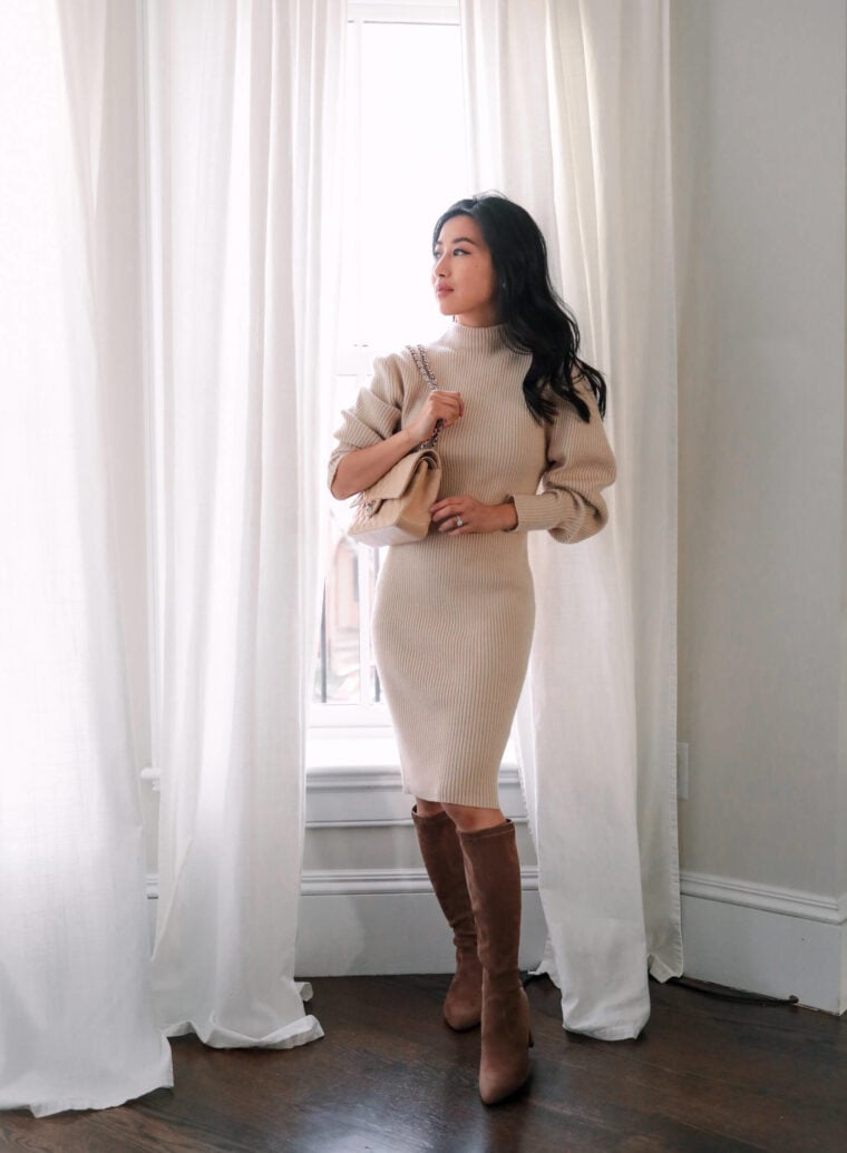 cream sweater dress petite knee high boots