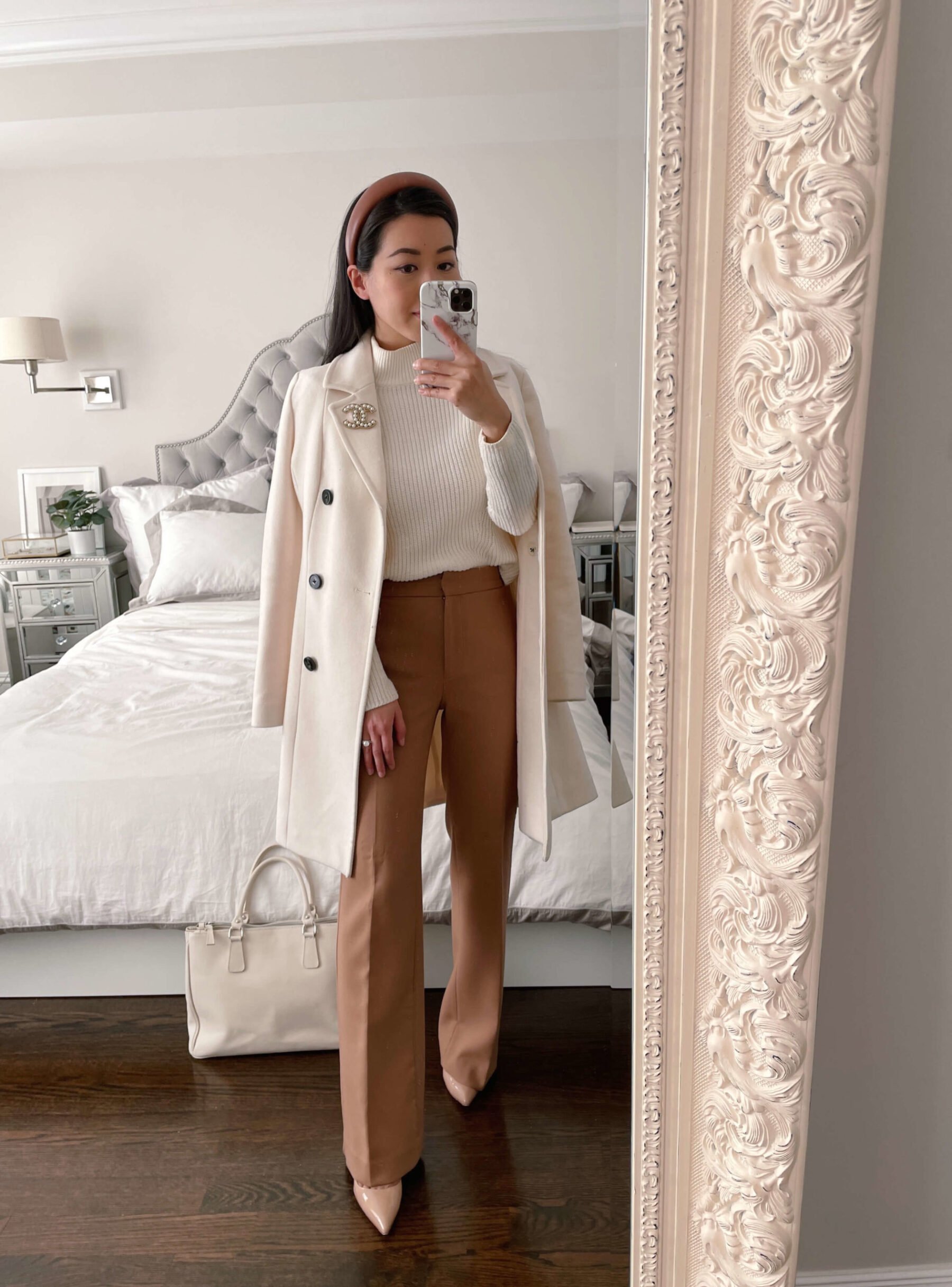 camel pants white coat outfit