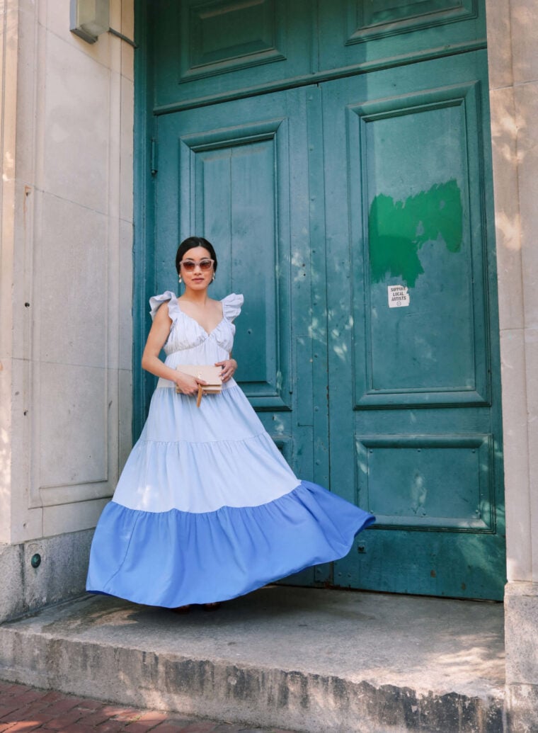 blue color block tiered summer dress