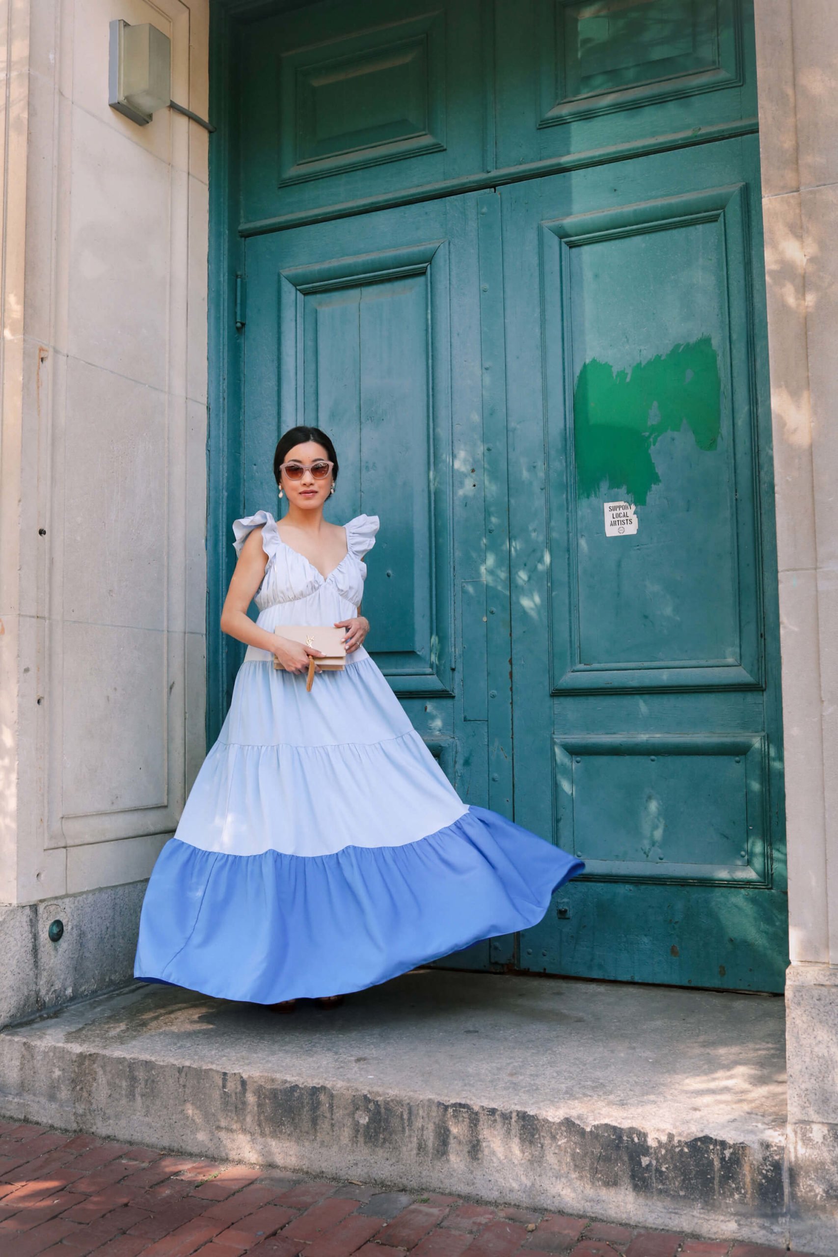 blue color block tiered summer dress