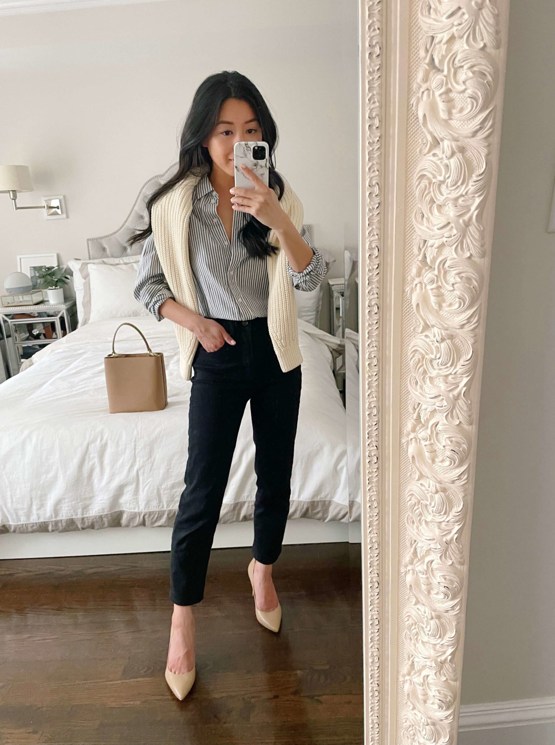striped shirt smart casual work outfit