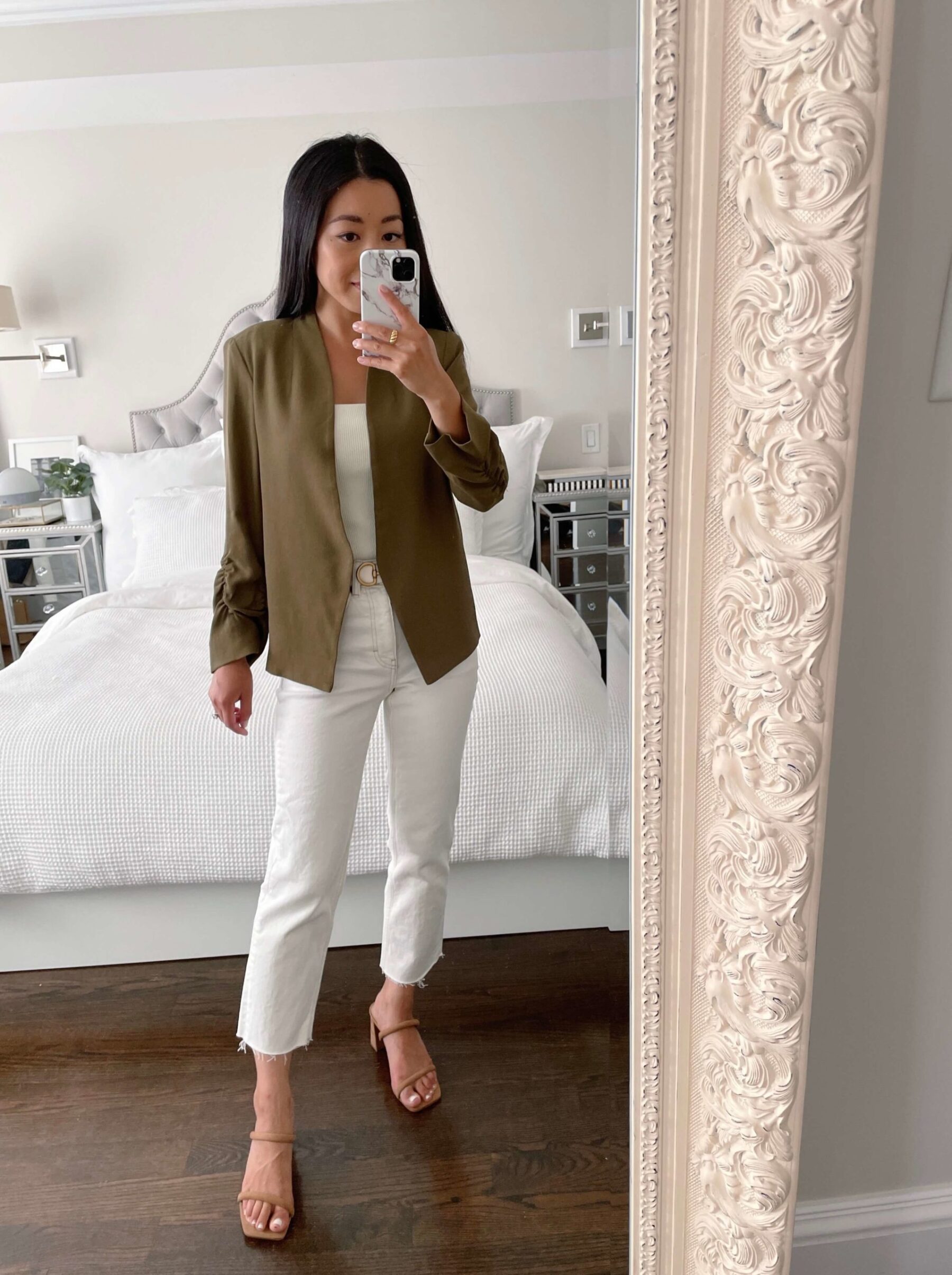 Halogen olive blazer + white topshop jeans