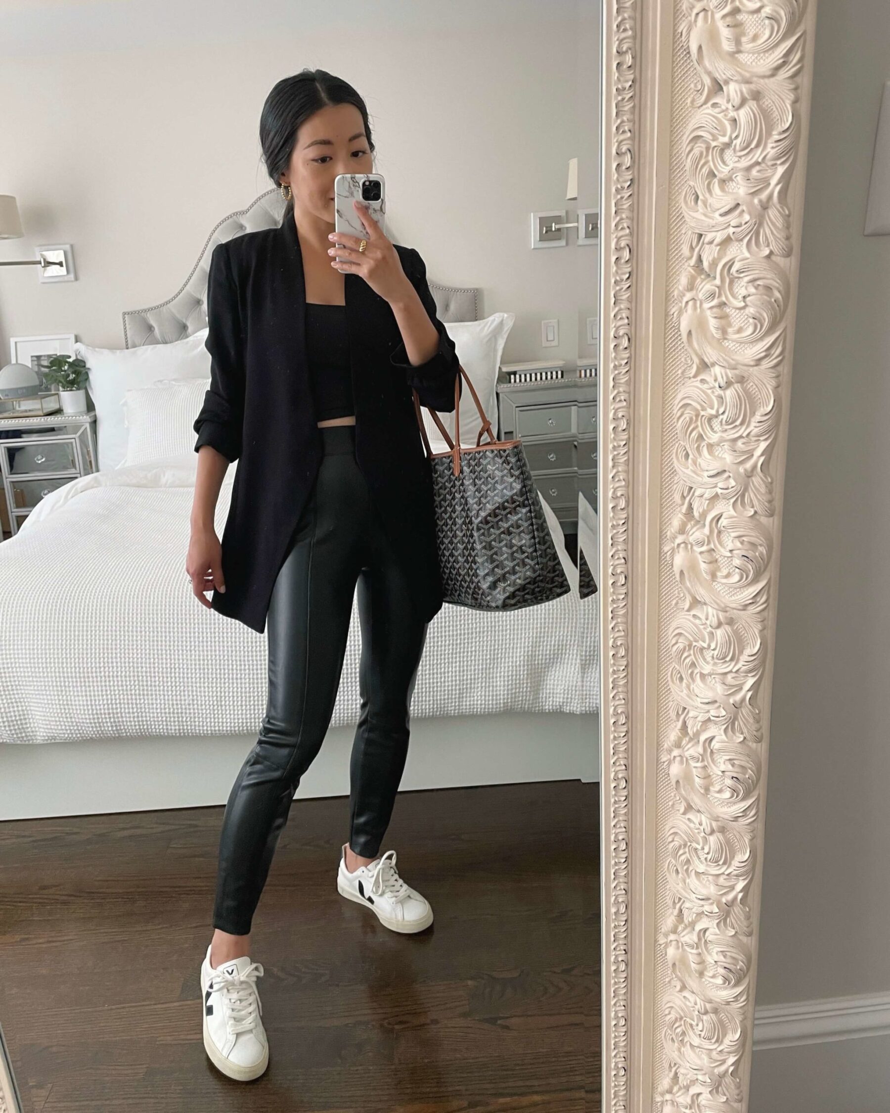 chic black leather leggings outfit petite