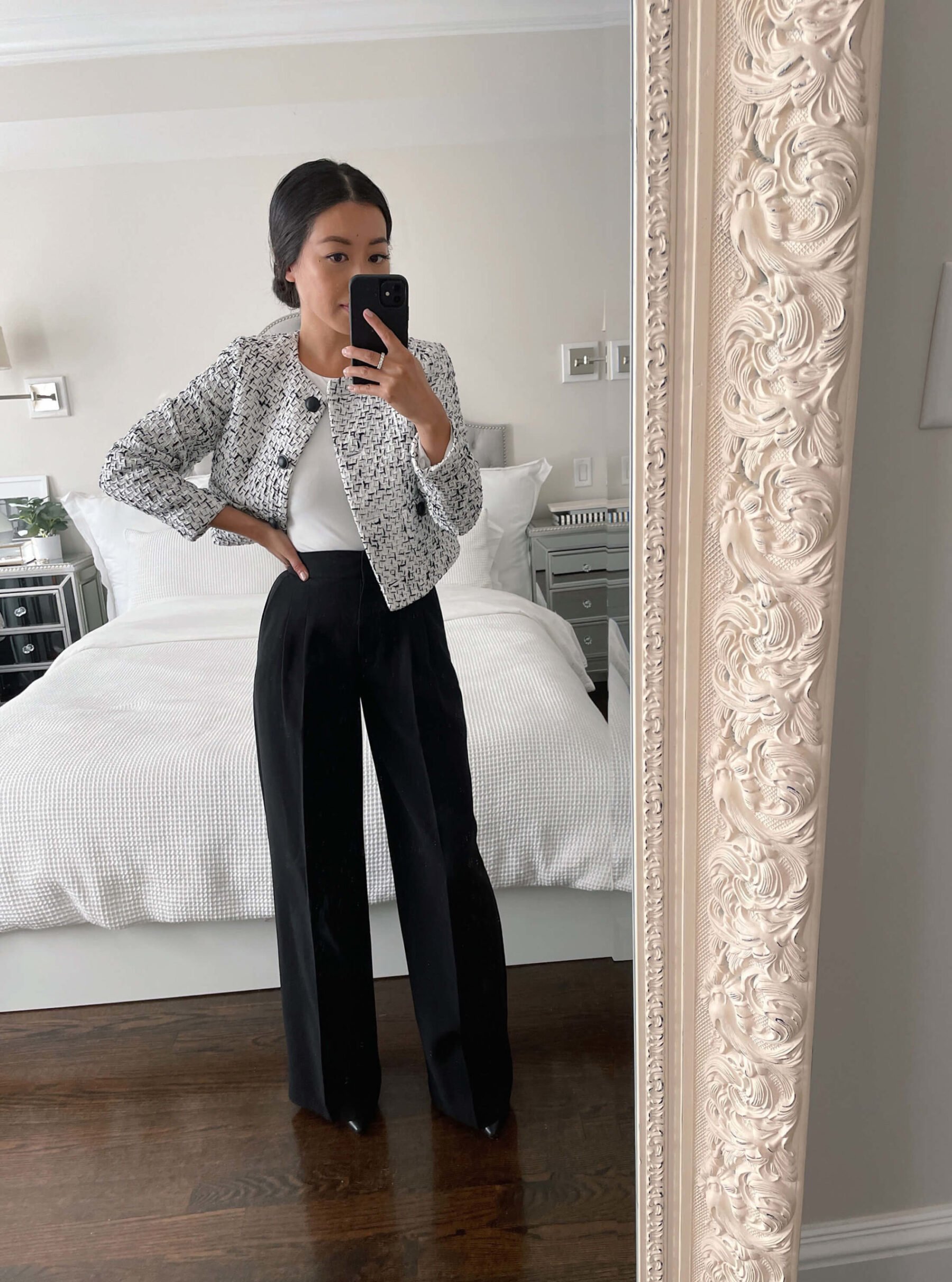 black pants tweed jacket fall work outfit ideas