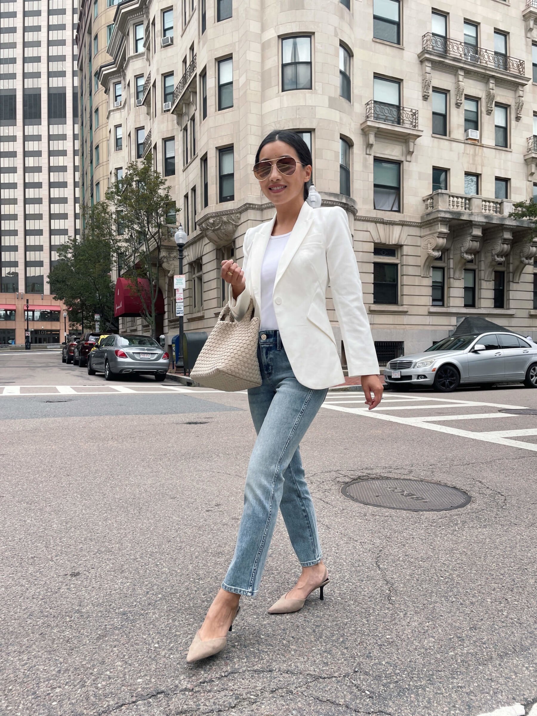 whbm white blazer and jeans