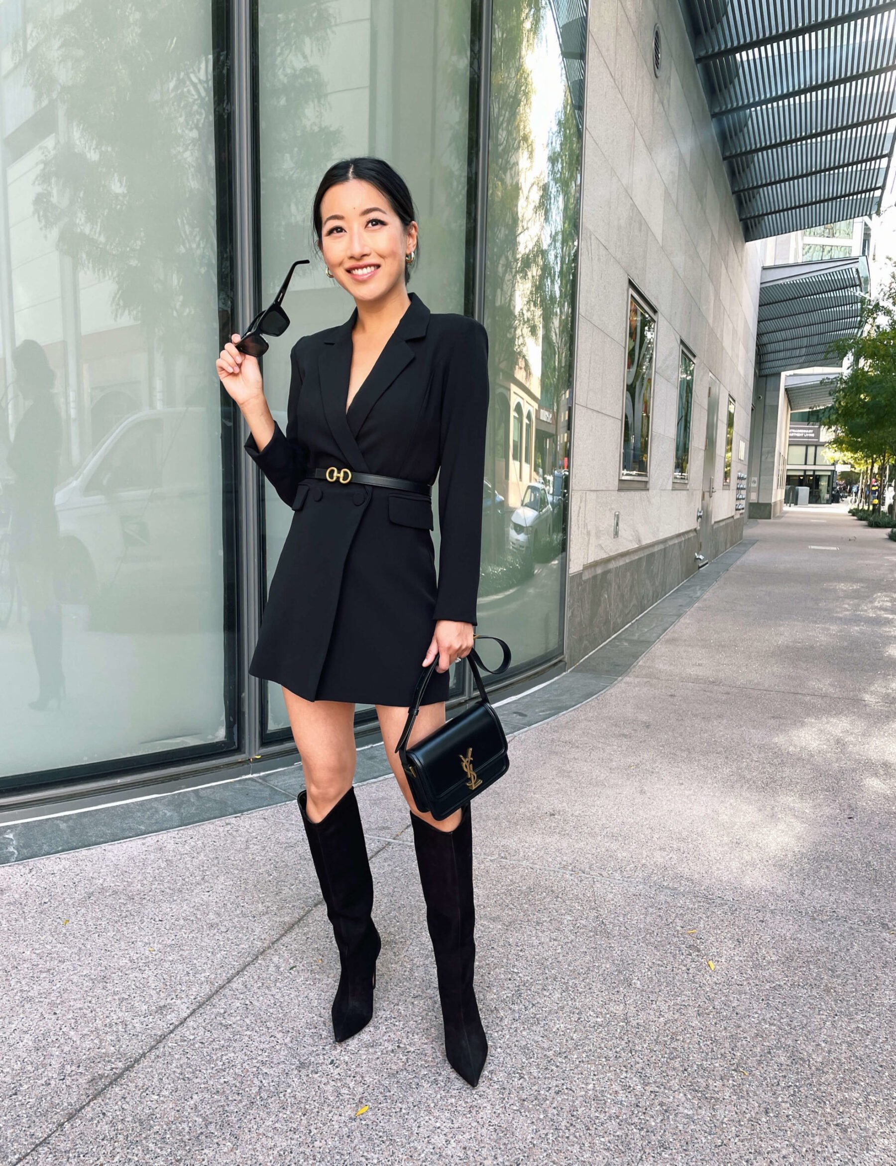 alice olivia black blazer dress jumpsuit schutz maryana boots review