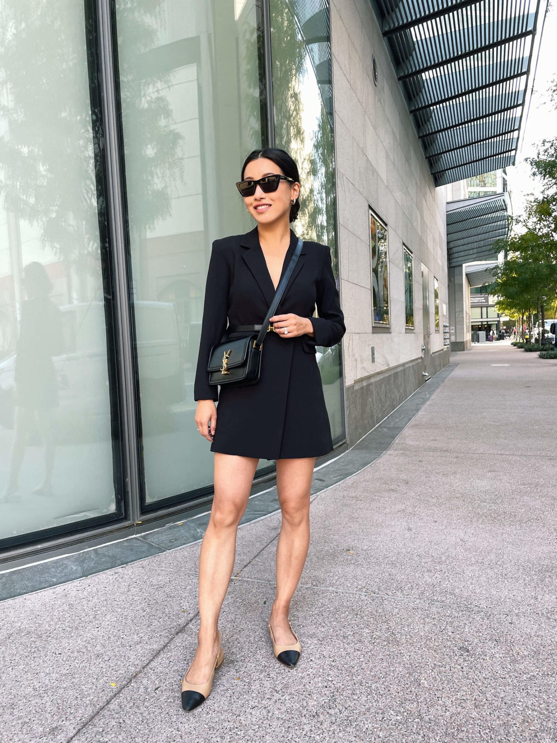 petite black going out outfit blazer mini dress