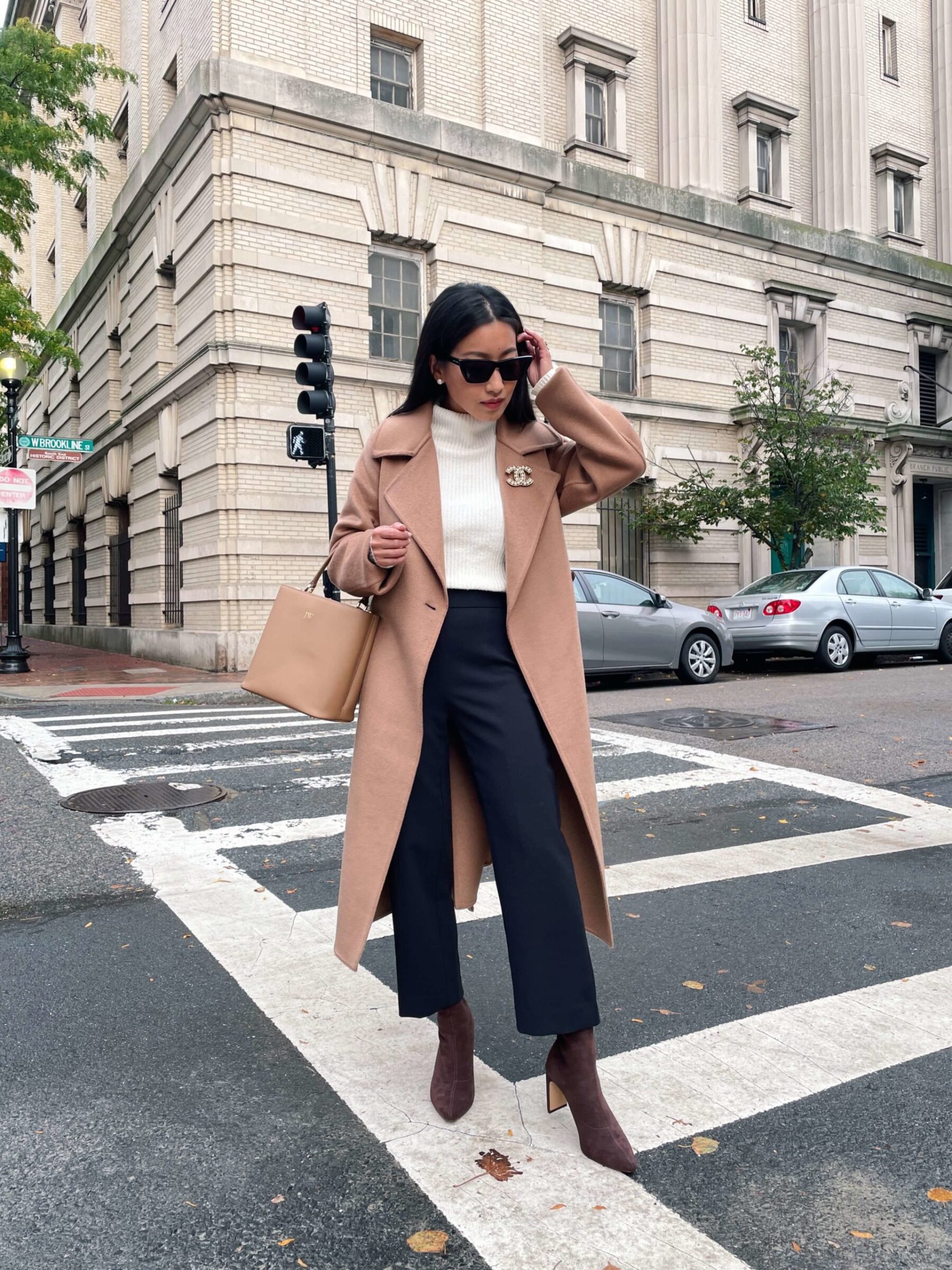 petite work outfit with boots uniqlo camel coat