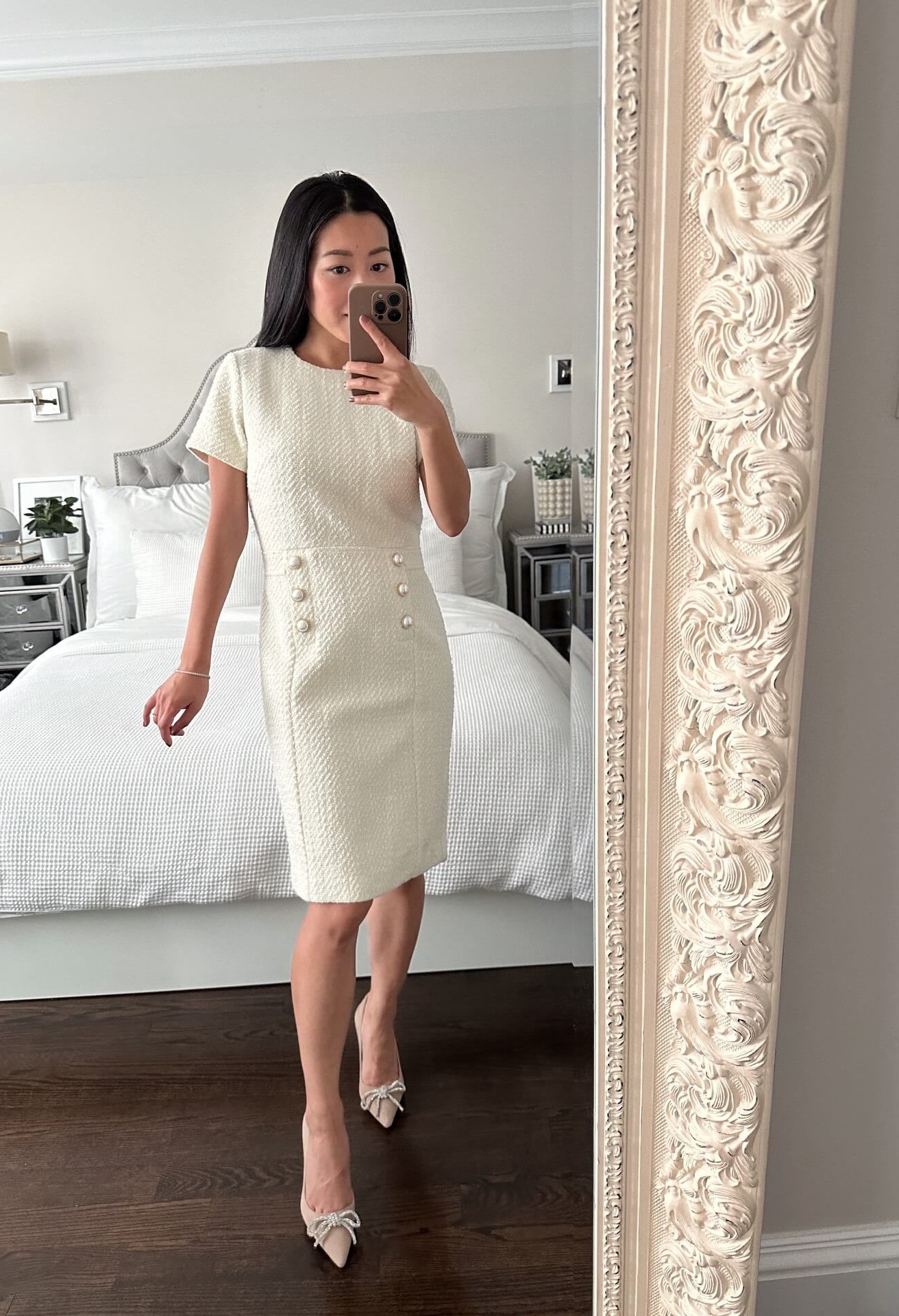 Ann Taylor petite tweed dress holiday shoes