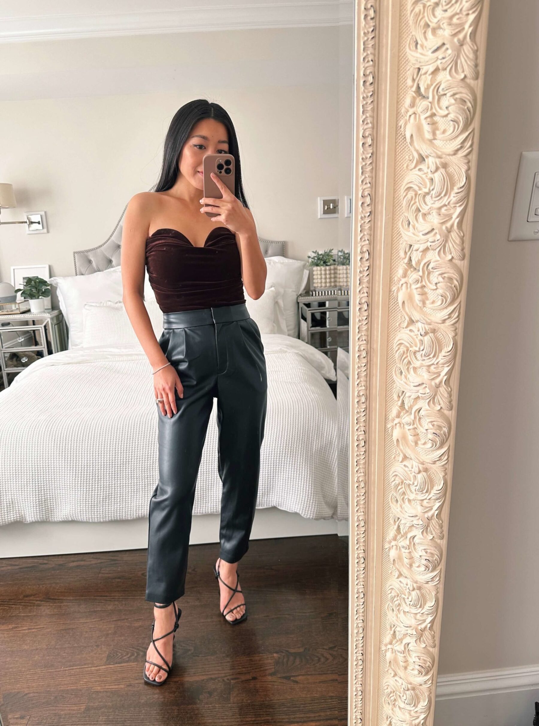 chocolate brown velvet corset top faux leather pants