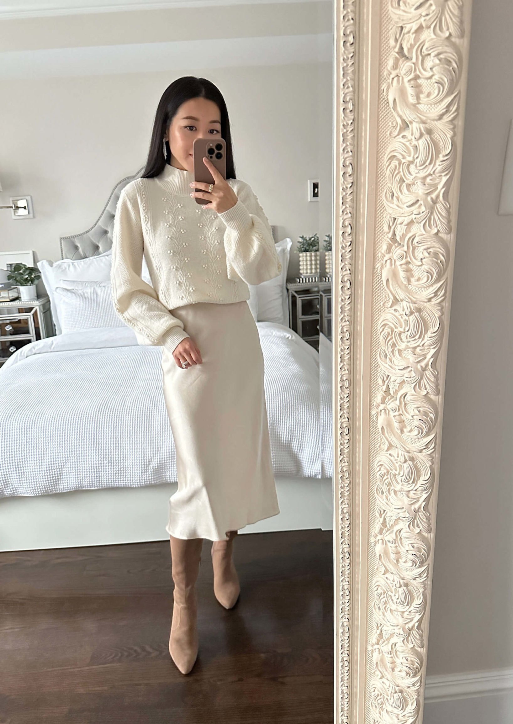 how to style a slip skirt with boots for winter