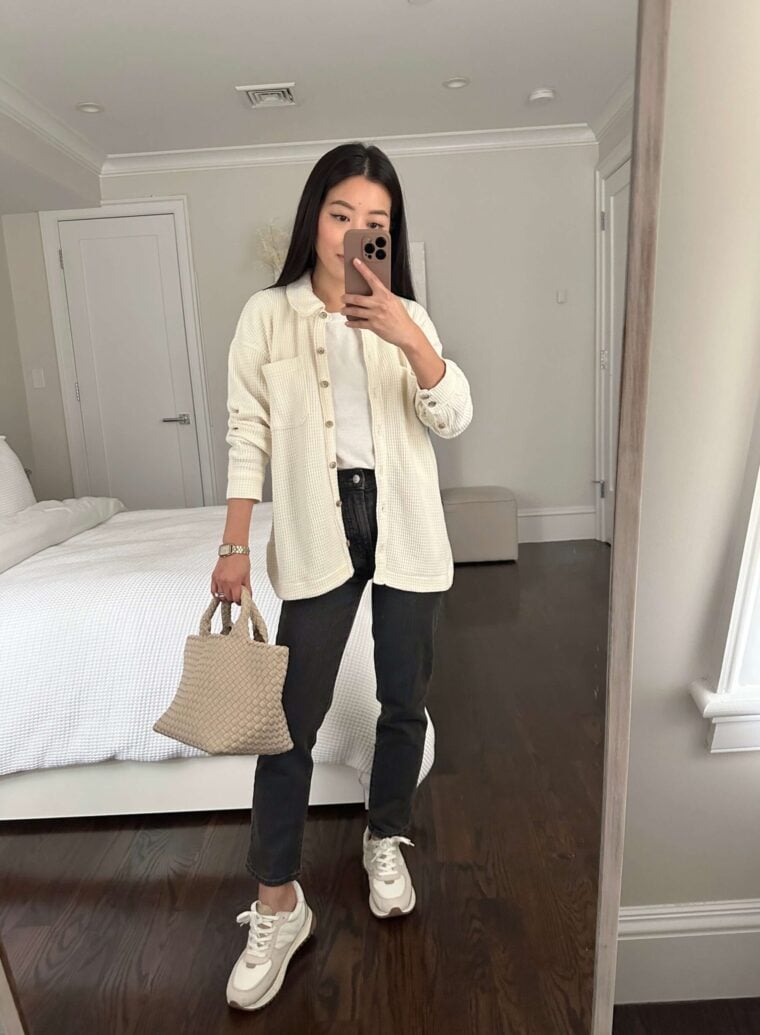 Madewell knit waffle shirt jacket perfect vintage jeans petite review