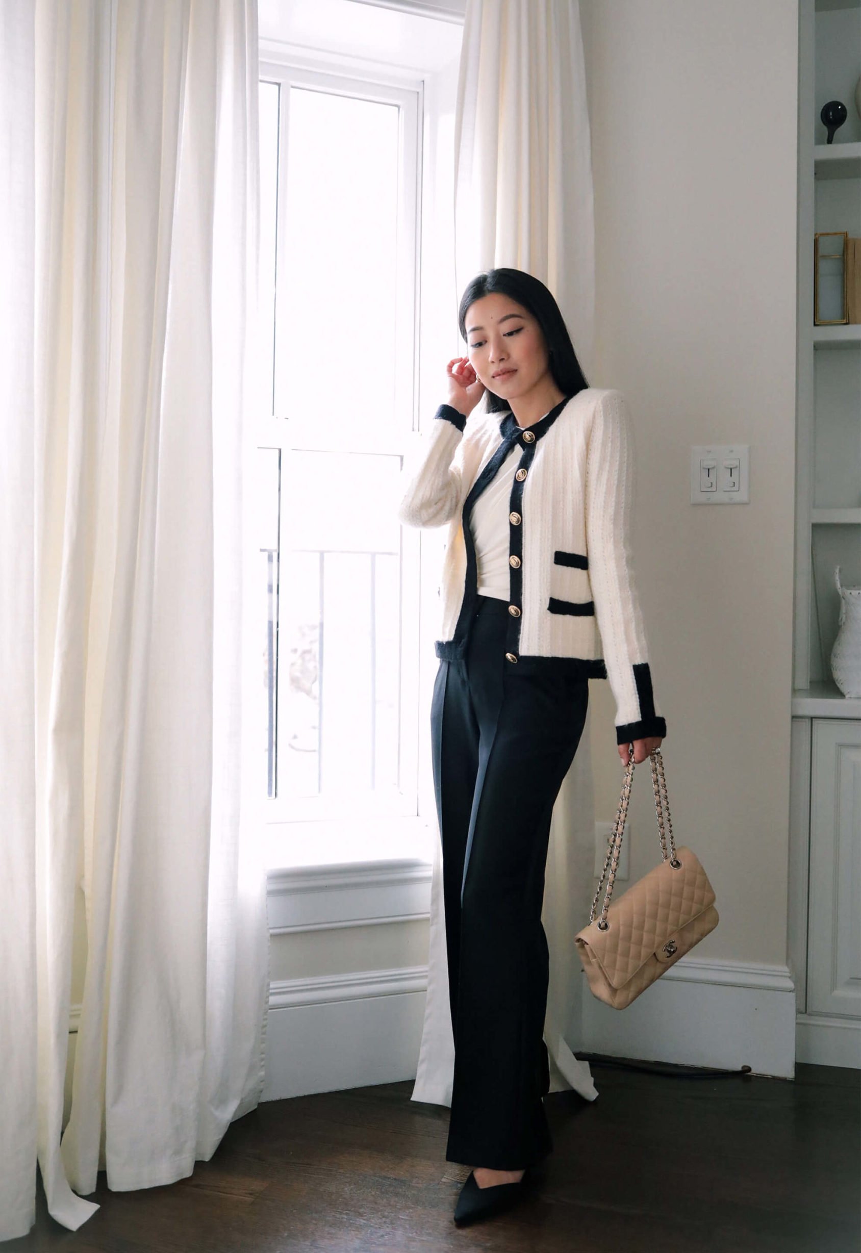 chanel style black white tweed sweater jacket