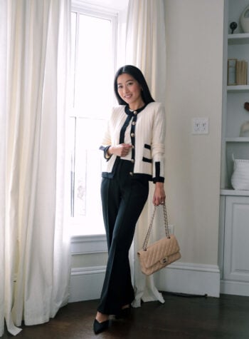 chanel style tweed sweater jacket black white petite
