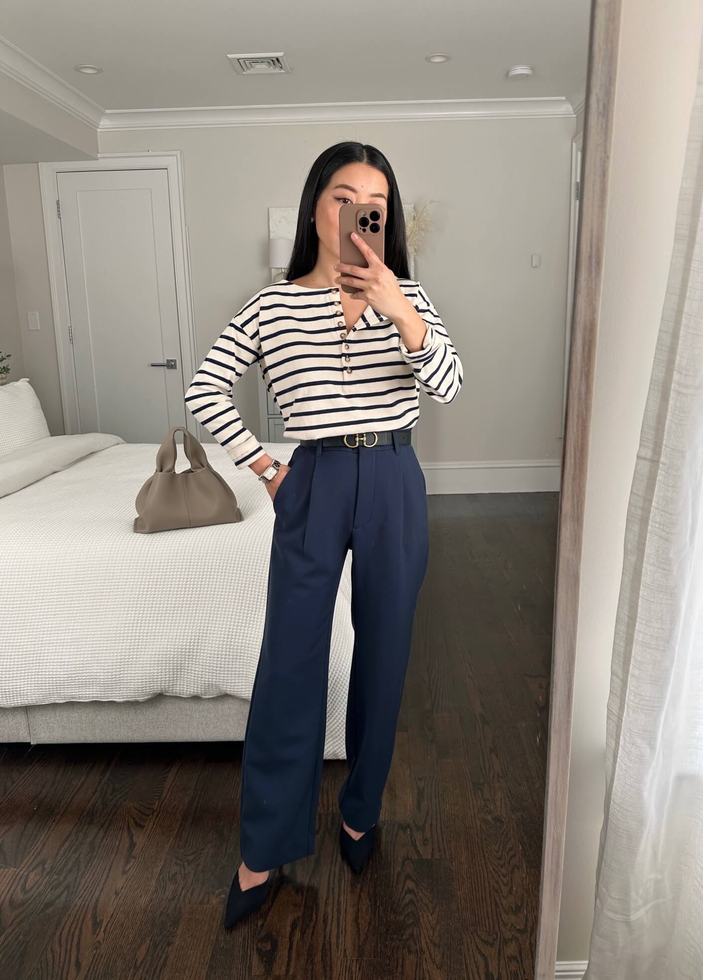 navy trousers striped top office style