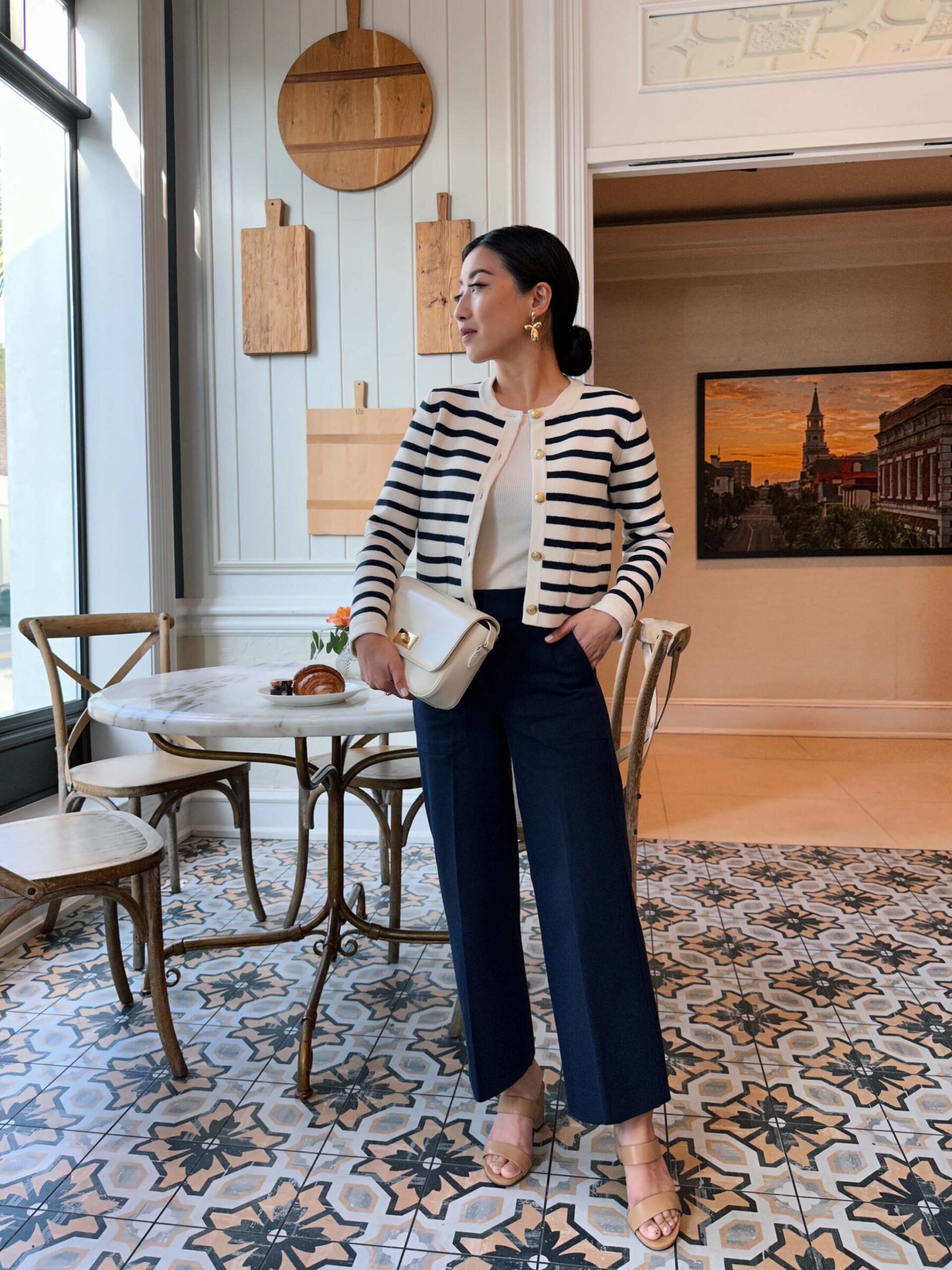 jcrew emilie striped sweater jacket navy pants