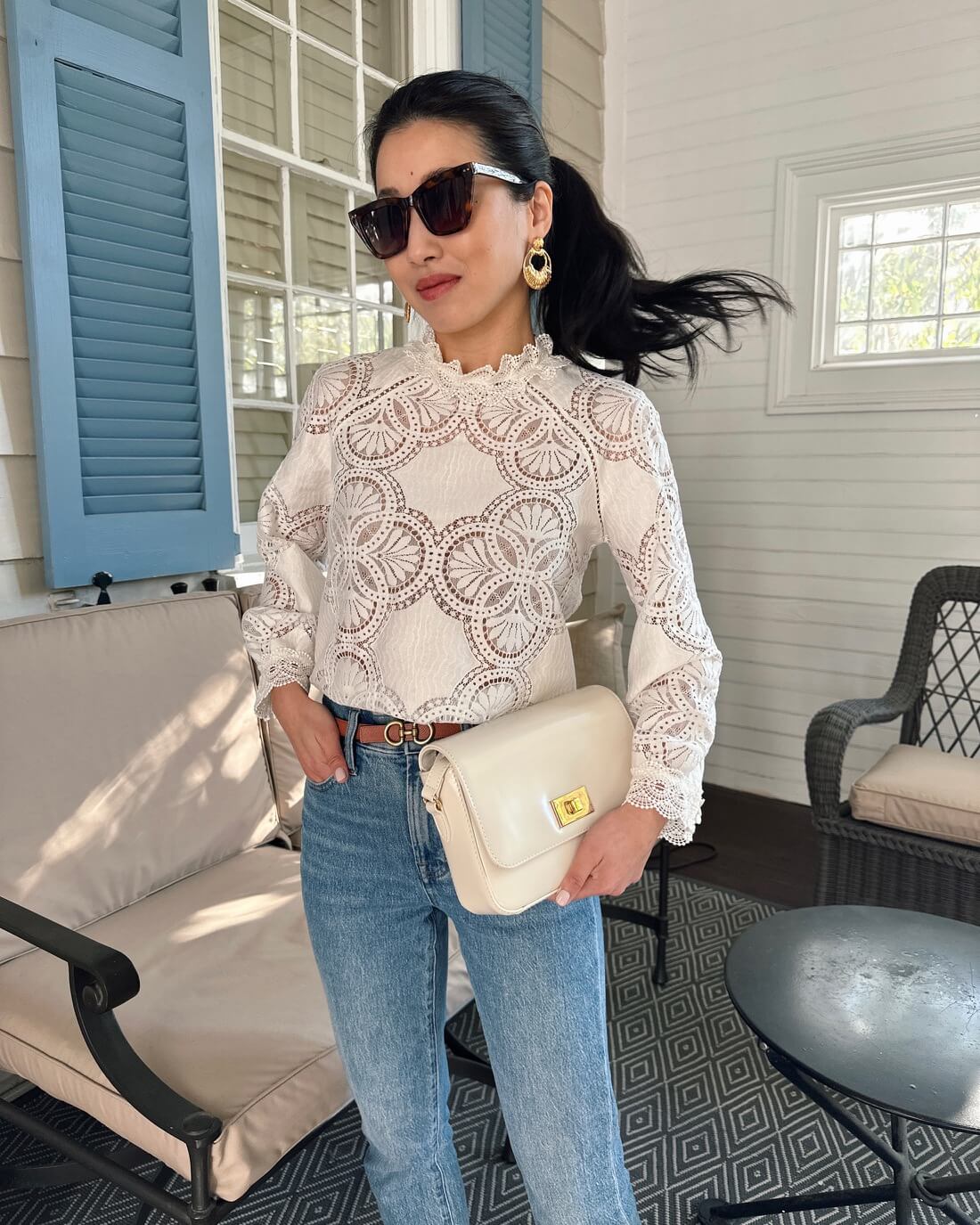sezane white lace blouse madewell petite jeans
