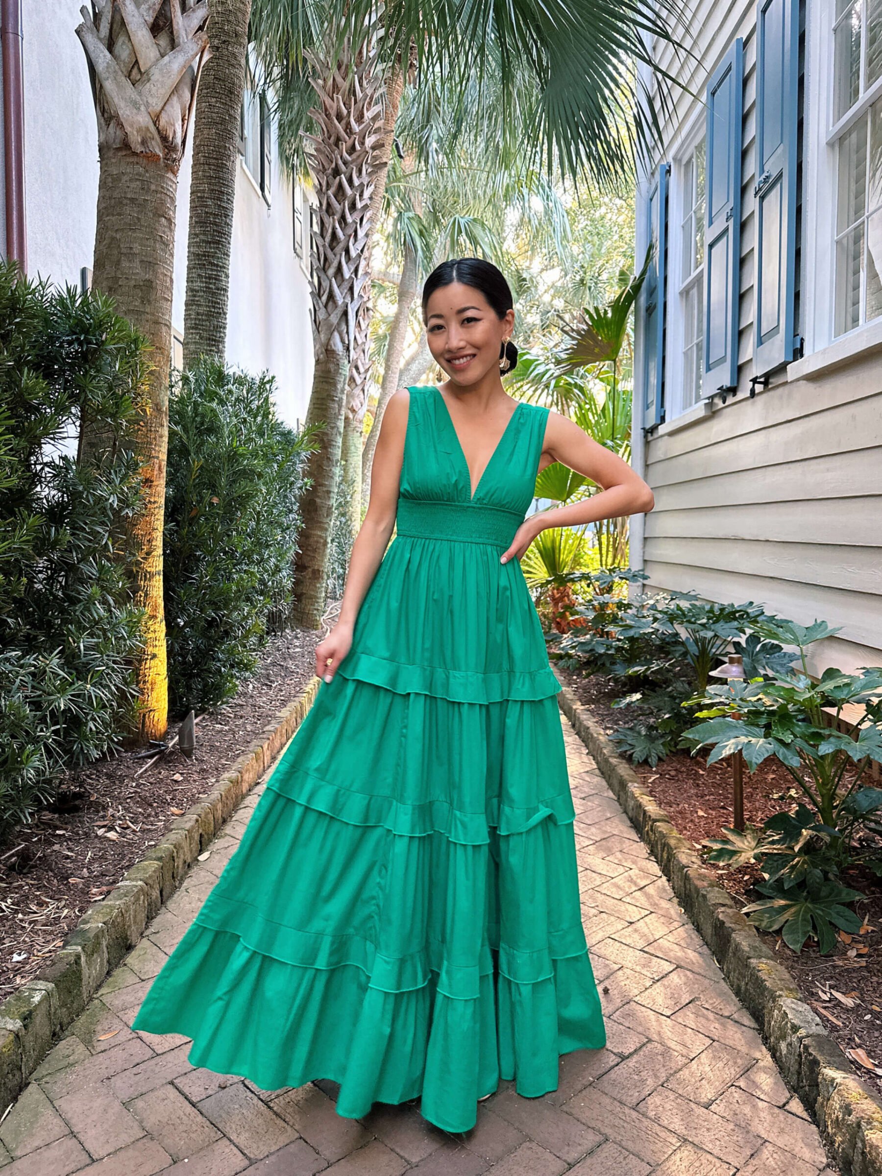 green maxi dress petite wedding guest outfit