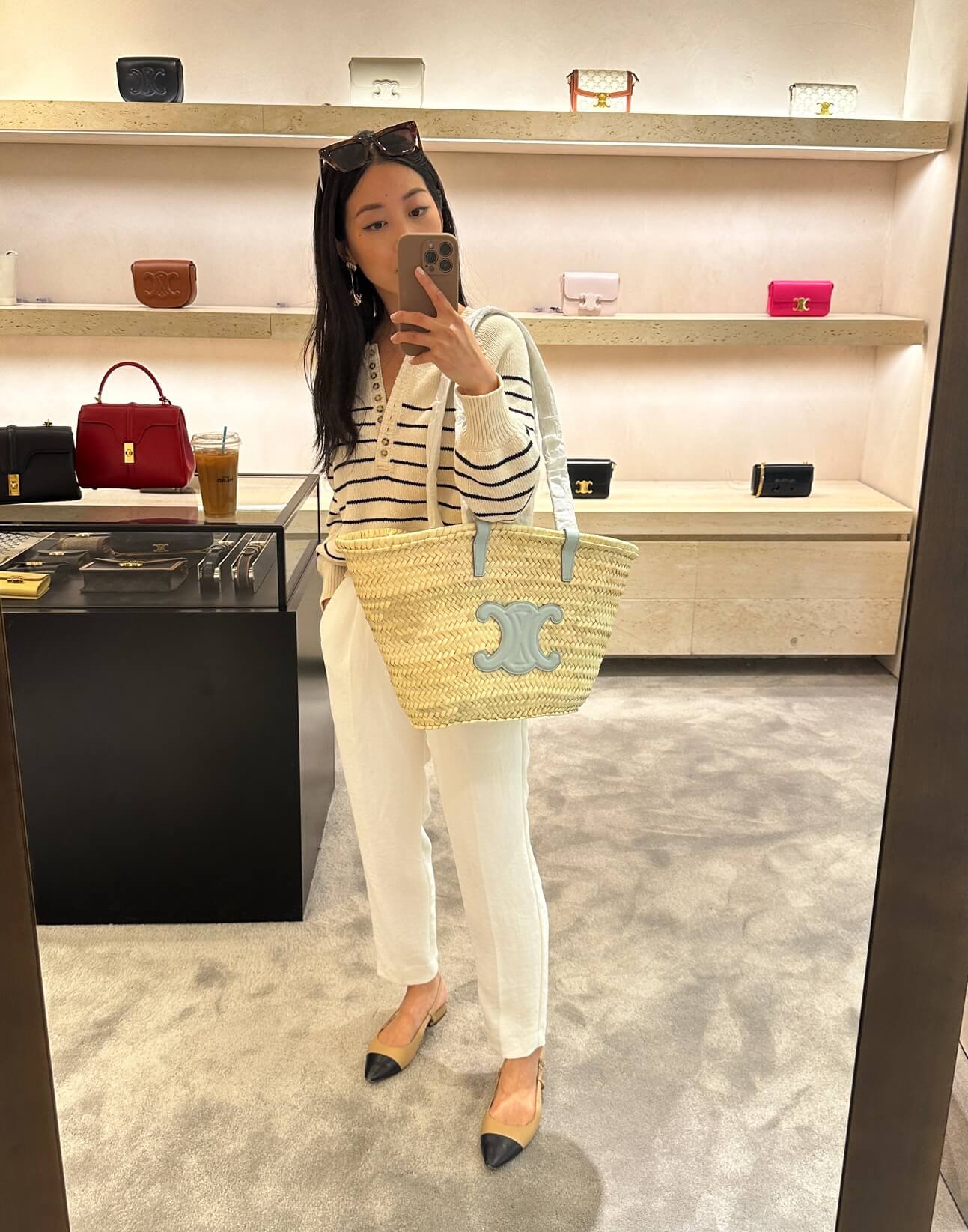 Loewe vs Celine woven tote bags petite try on