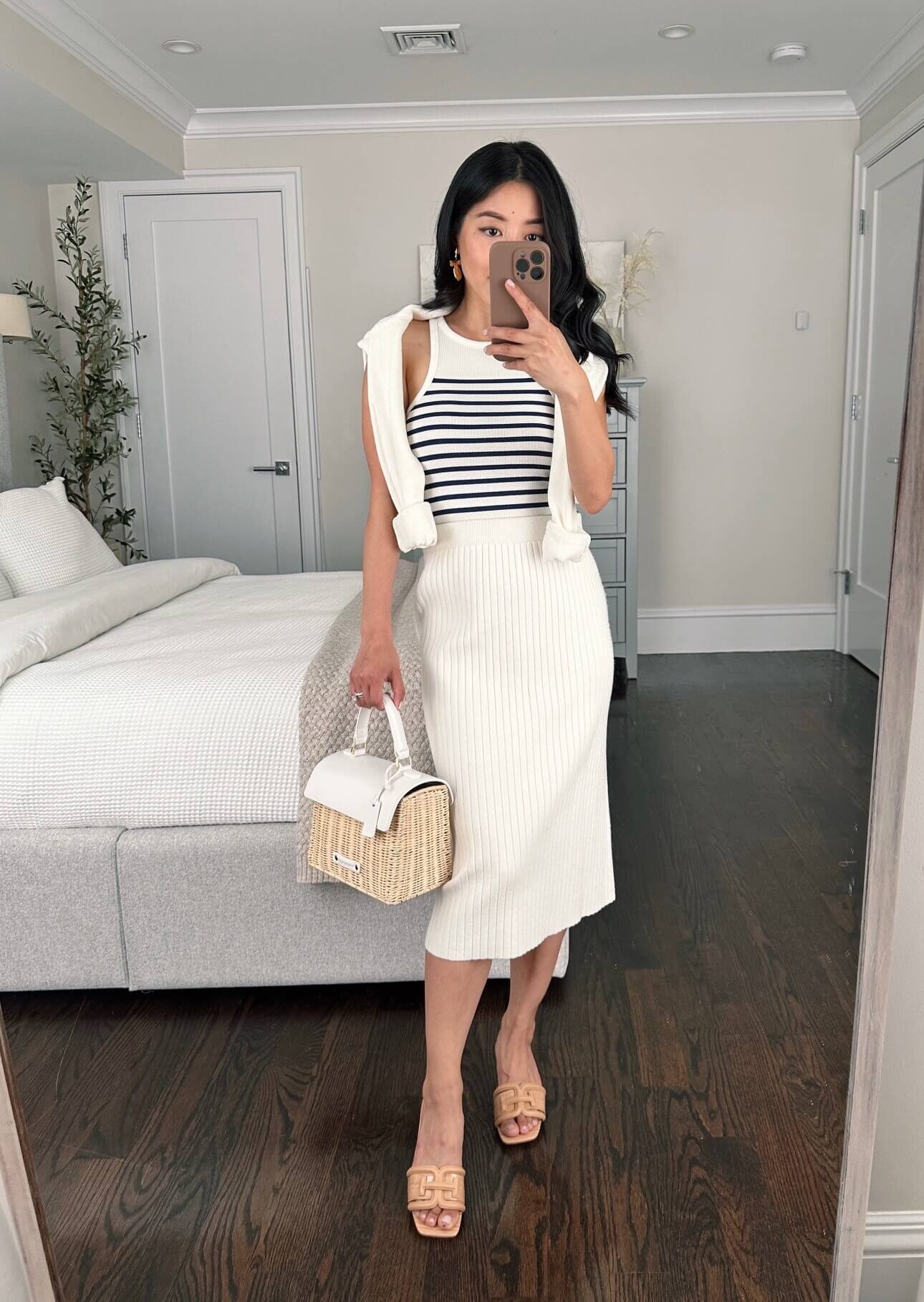 summer petite white knit skirt outfit