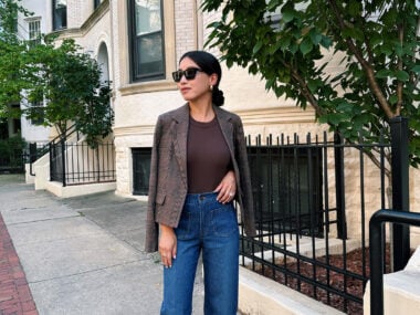 Madewell petite friendly wide leg jeans outfit