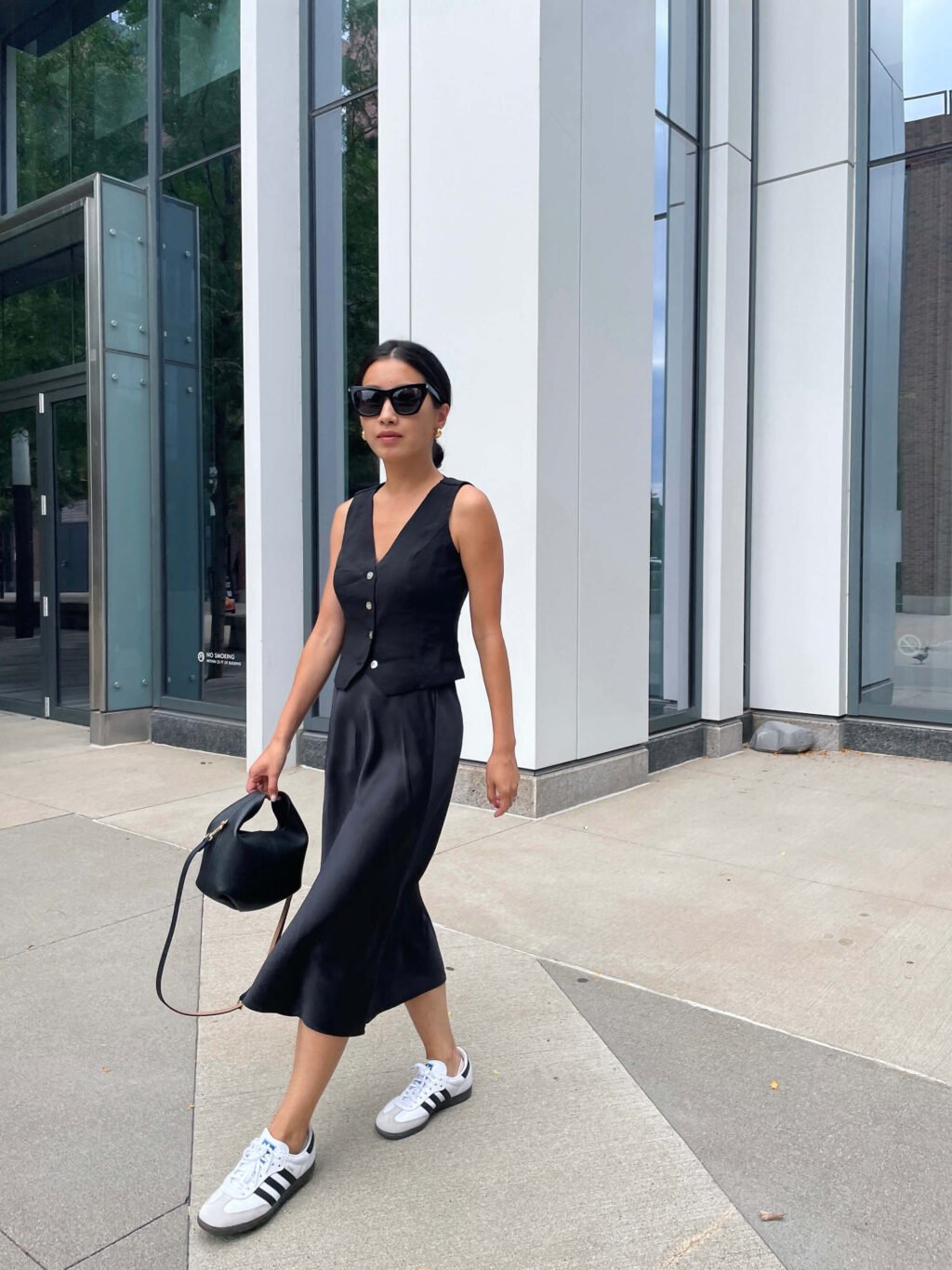 black slip skirt adidas sambas outfit