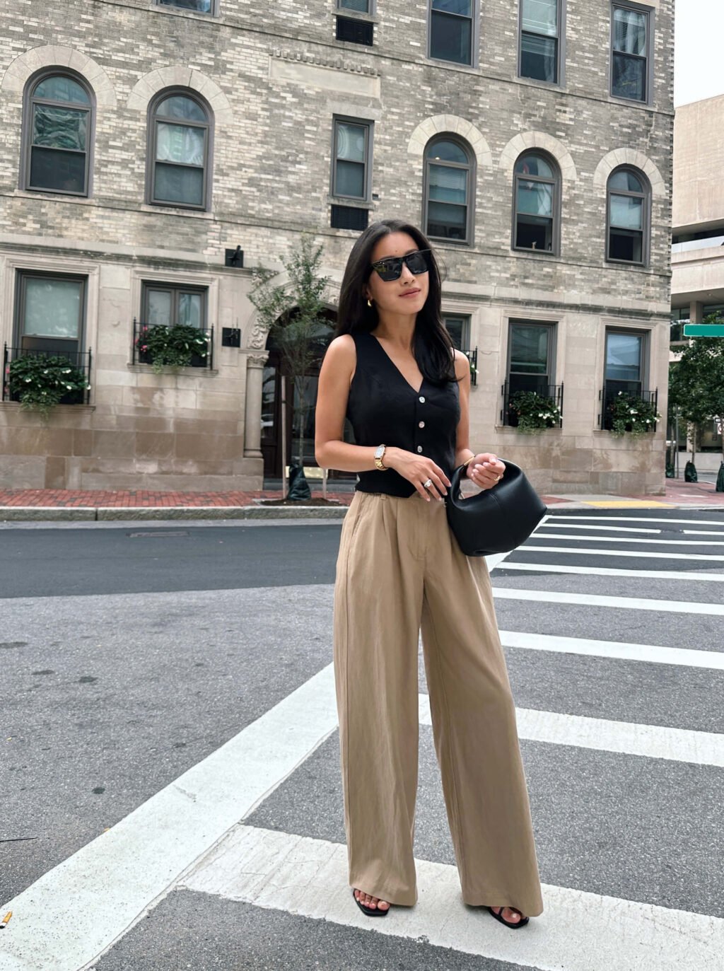 black vest madewell harlow petite trousers fall outfit cropped