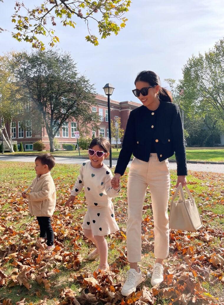 abercrombie tweed jacket everlane sneakers petite fall outfit