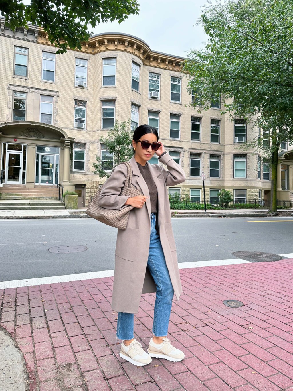 petite fall outfit naghedi medium bag sweater jacket long cardigan