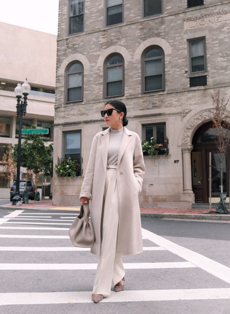 uniqlo cream wool coat wide trousers petite winter