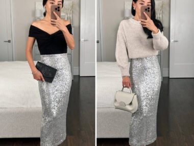 petite midi sequin skirt holiday outfit ideas