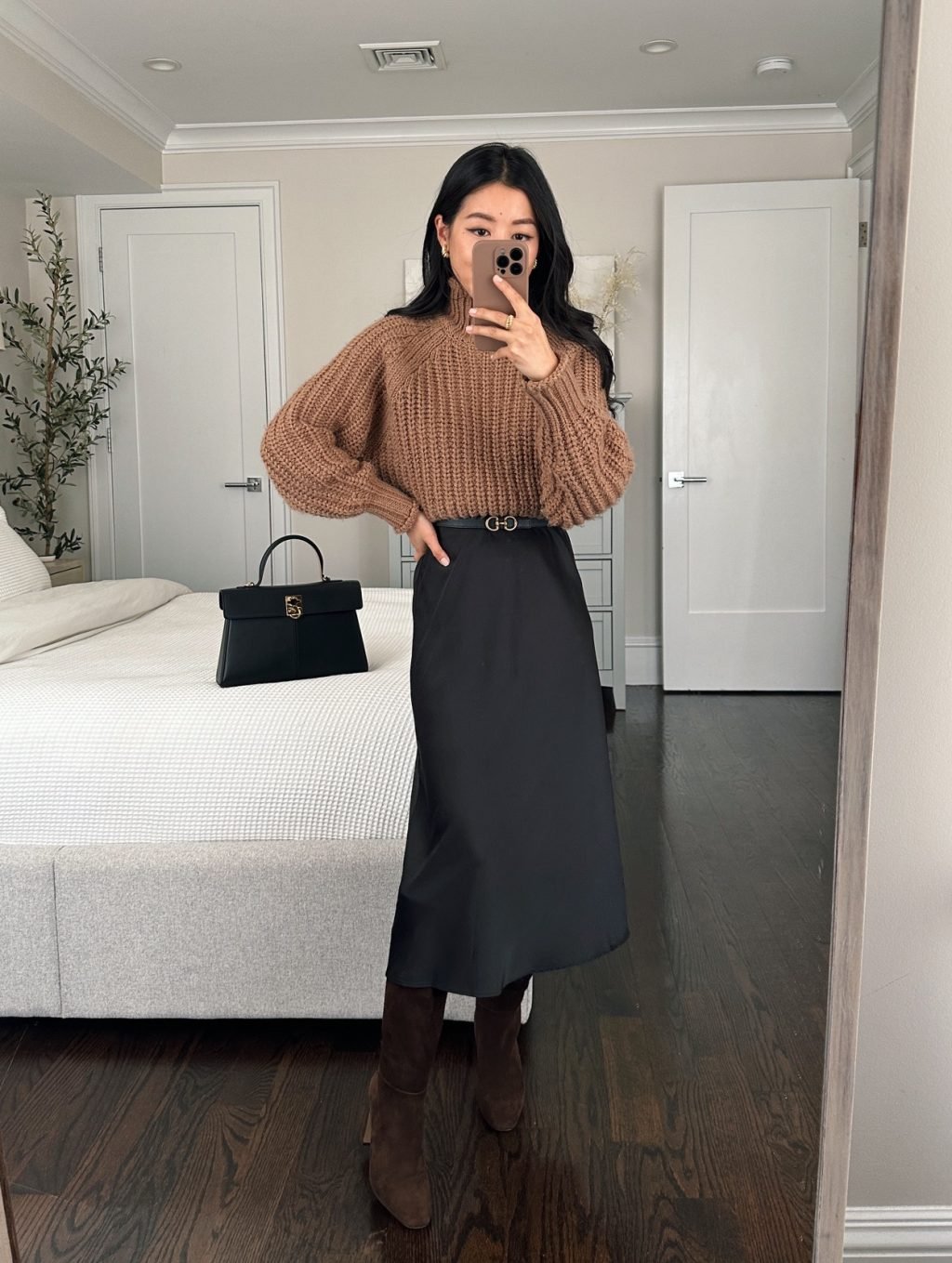 petite winter work outfits h&m sweater drop skirt steve madden boots