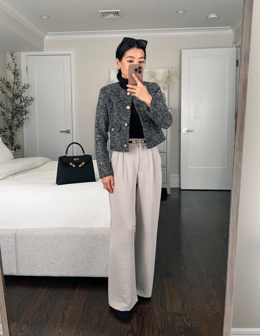petite winter work outfit abercrombie tweed jacket sloane pants