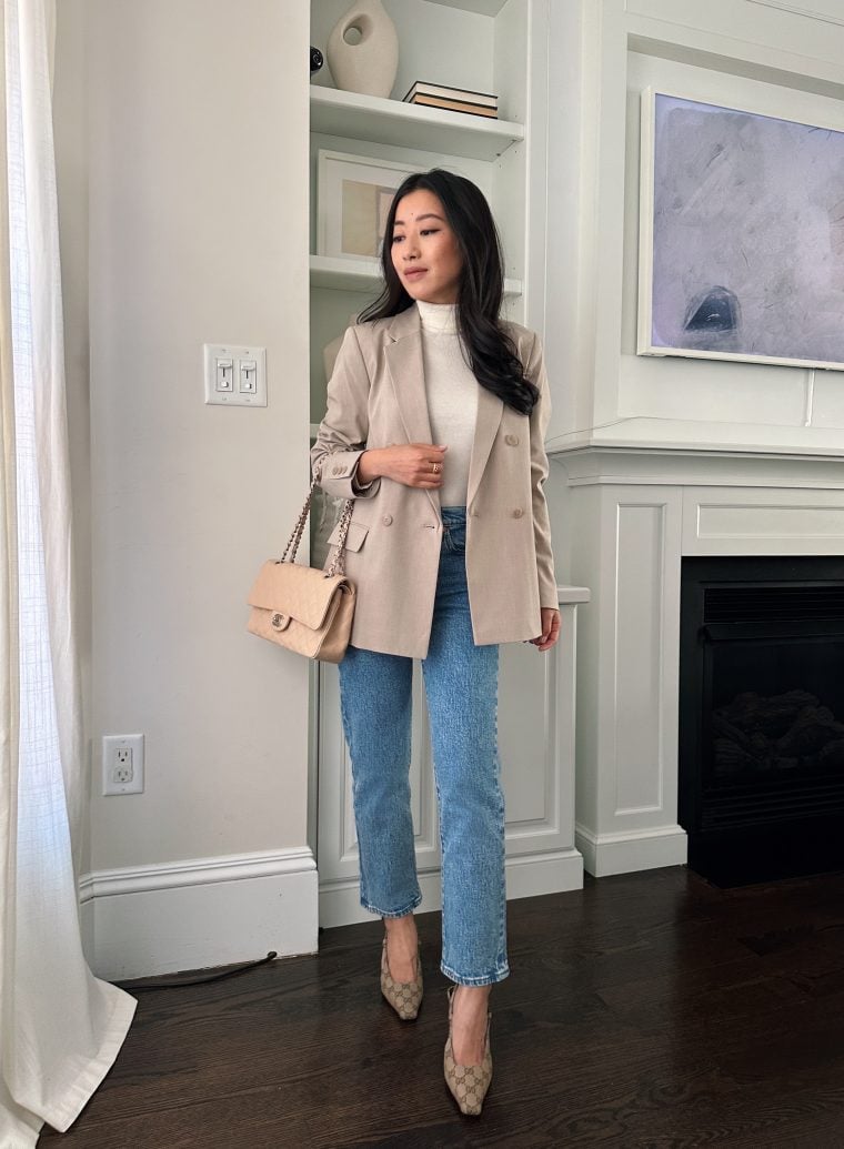 uniqlo petite friendly blazer levis wedgie straight jeans
