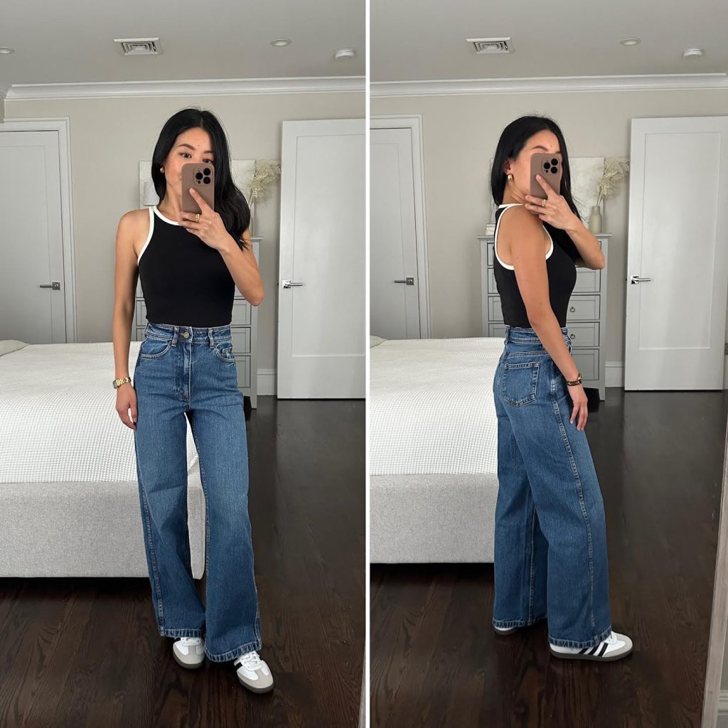 petite spring denim look black tank adidas sambas