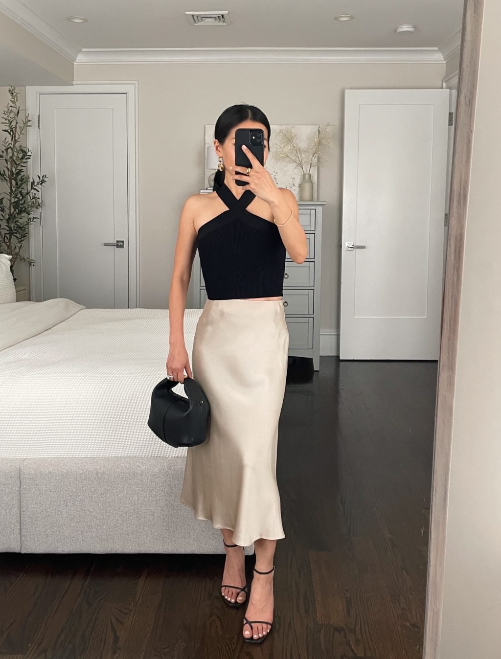 quince slip skirt black halter tank reformation sandals polene bag