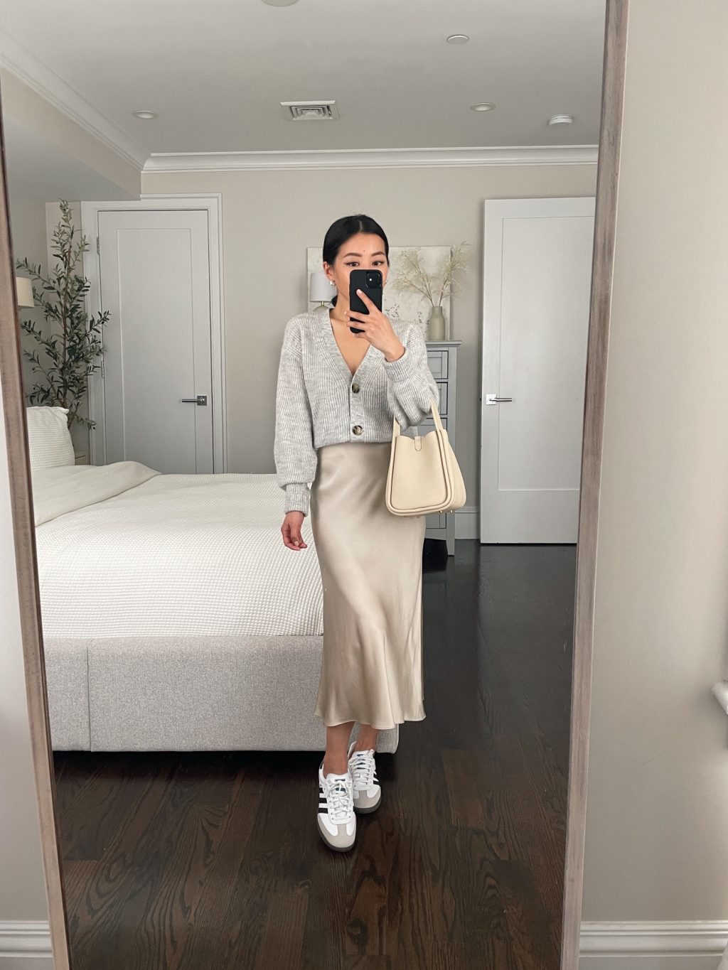 quince slip skirt sweater adidas sambas songmont bag