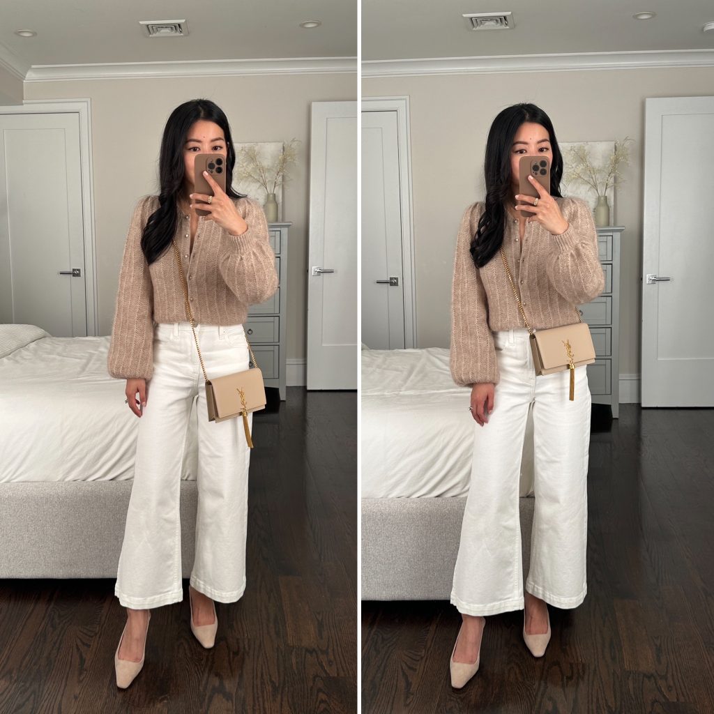 sezane sweater gap white jeans ysl bag petite spring outfit