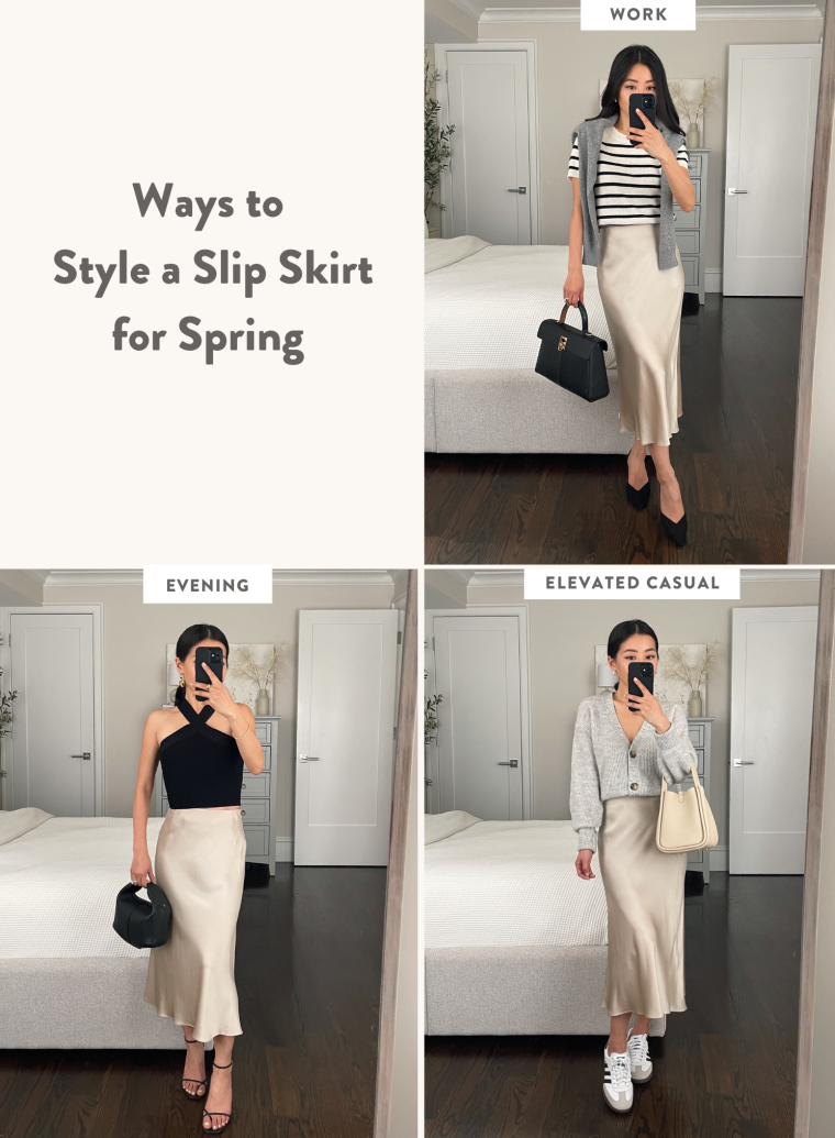 ways to style quince silk slip skirt petite spring outfits