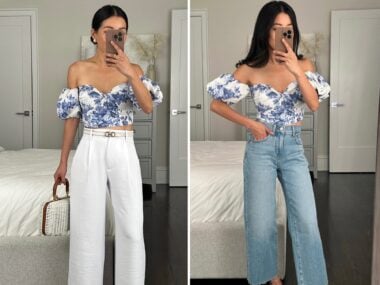 abercrombie blue white floral crop top madewell perfect vintage wide crop jeans petite