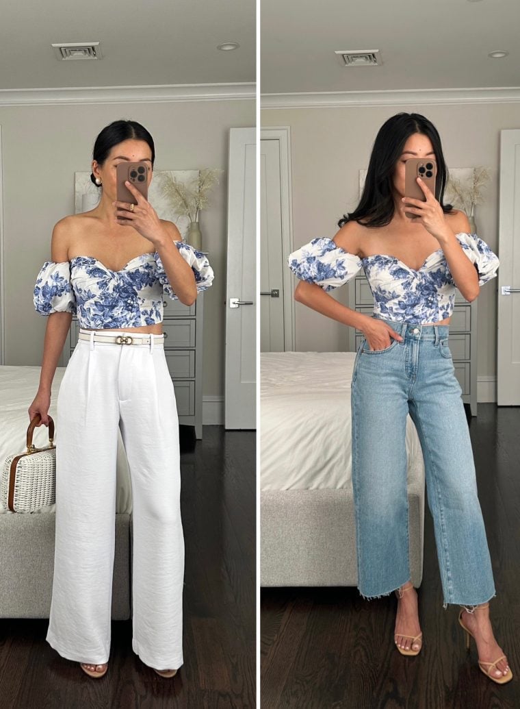 abercrombie blue white floral crop top madewell perfect vintage wide crop jeans petite