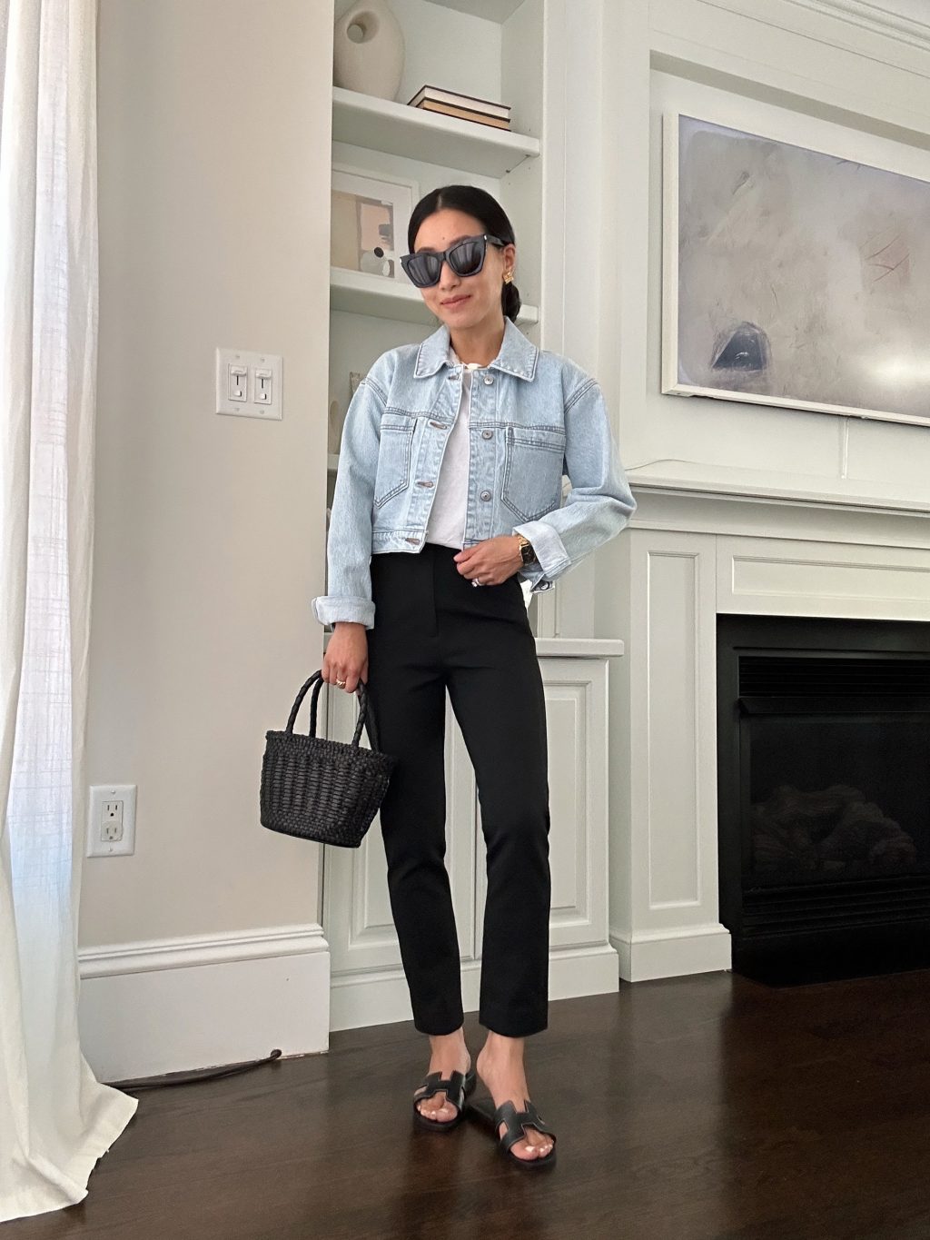 spring sightseeing petite friendly outfit abercrombie denim jacket hermes shoes jcrew tote