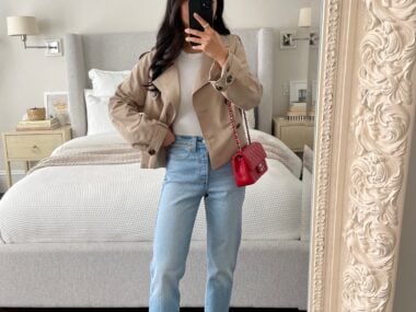 petite friendly levis wedige straight in light wash sirus trench jacket chanel bag