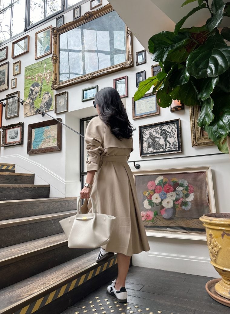 paris outfits oak and fort trench coat adidas sambas demellier bag