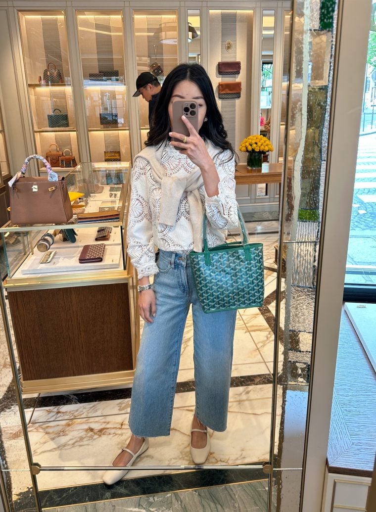 paris outfit sezane lace top goyard anjou mini bag flagship prices 2024