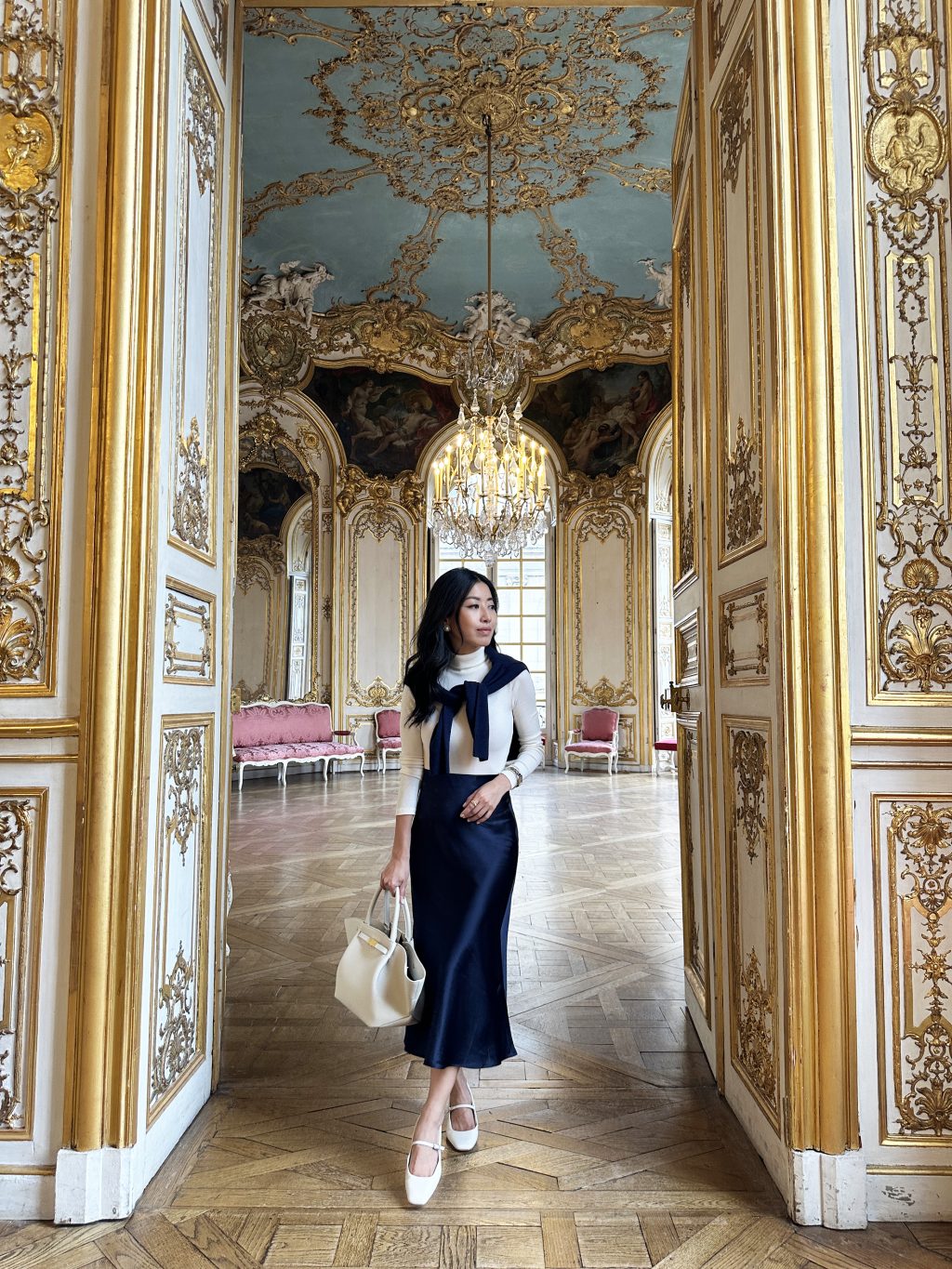 navy quince slip skirt petite flats spring outfit