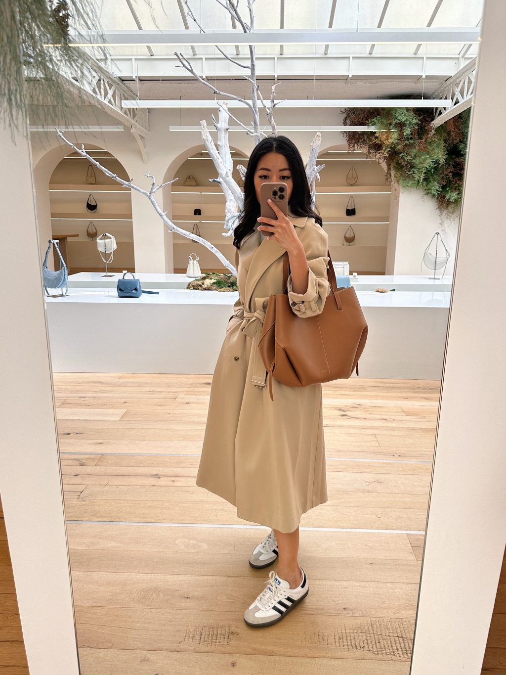 paris outfits polene cyme bag oak and fort trench coat adidas sambas