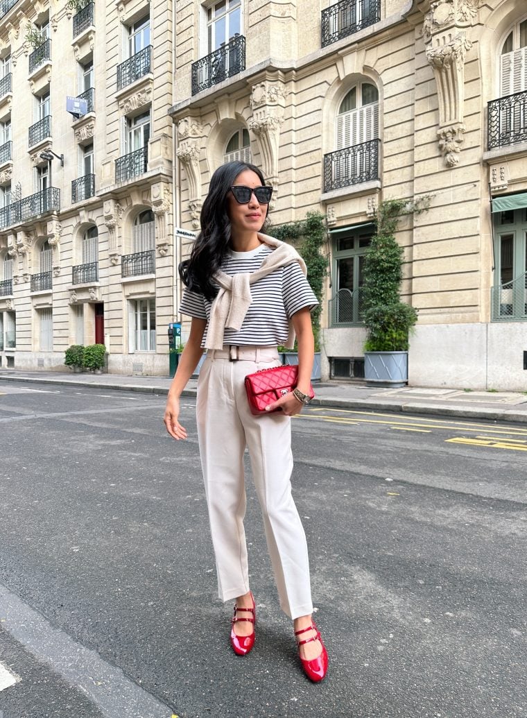 petite tapered pants cos stripe tee chanel red flap paris outfit